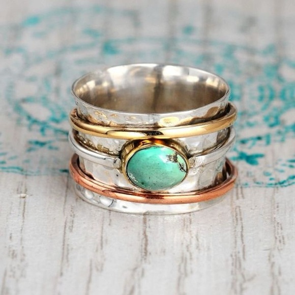 🔥NEW Faux Turquoise Multi-metal Gold Copper Hammered Silver Fashion ring gift - Picture 3 of 4